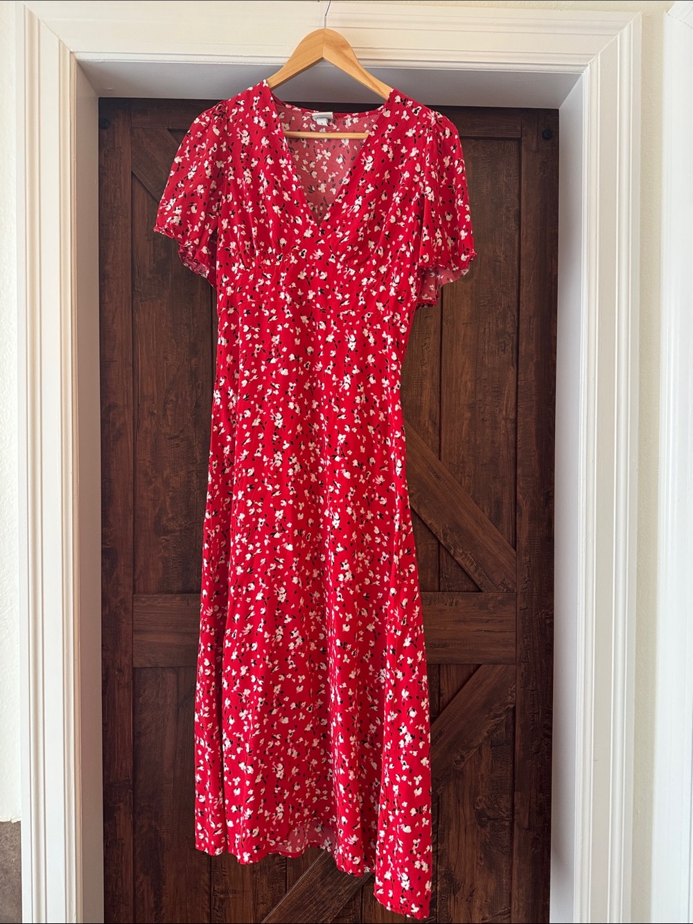 Red Floral Maxi Dress with V-Neck and Flutter Sleeves